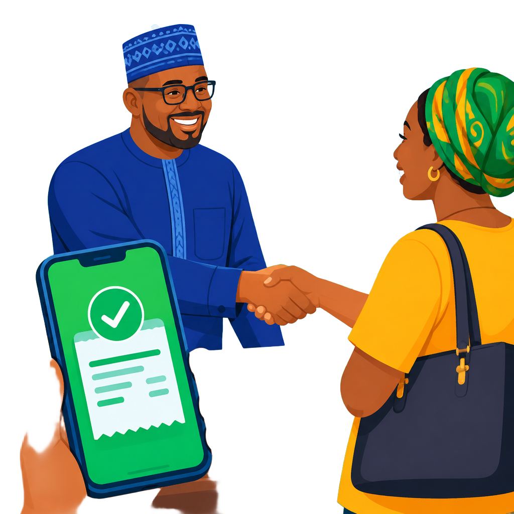 A school proprietor and a happy parent confirming a payment